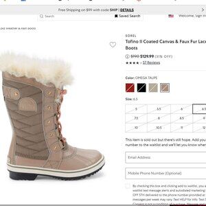 NWT Sorel Tofino II Coated Canvas & Faux Fur Lace-Up Winter Boots, 7, taupe